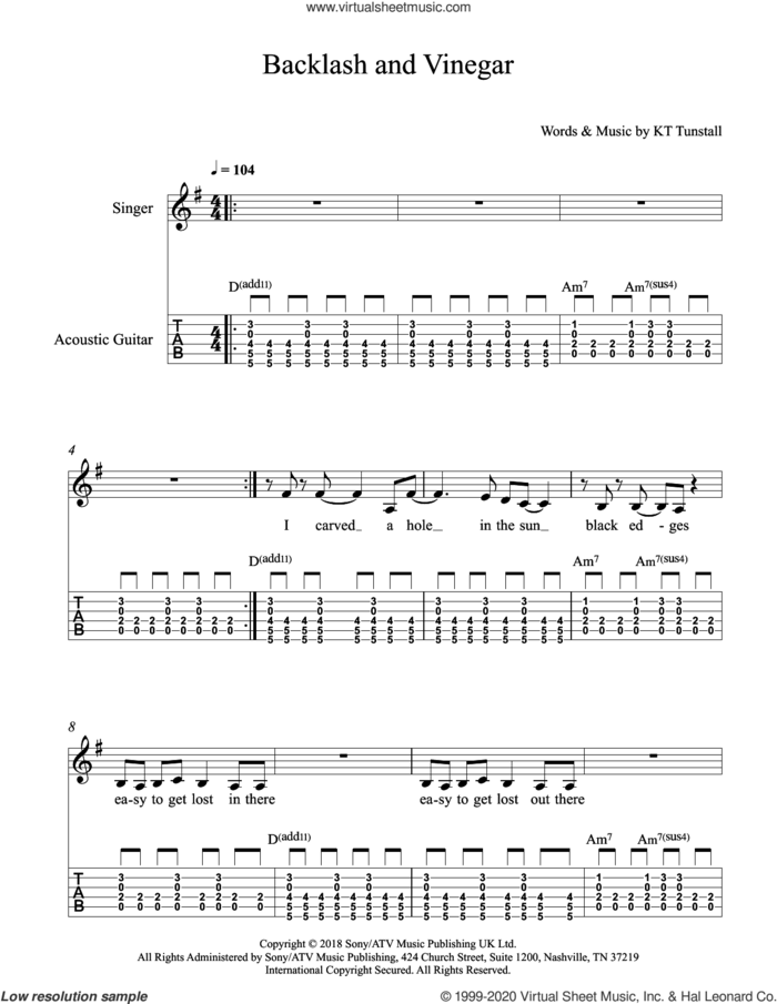 Backlash and Vinegar sheet music for guitar solo by KT Tunstall, intermediate skill level