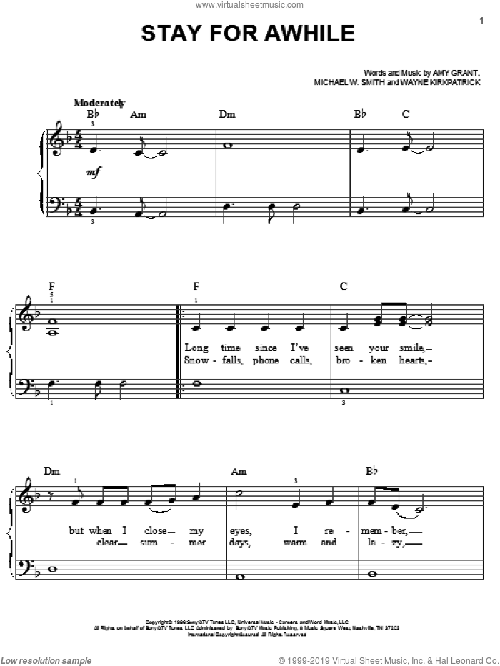 Stay For Awhile sheet music for piano solo by Amy Grant, Amy Grant Chapman, Michael W. Smith and Wayne Kirkpatrick, easy skill level