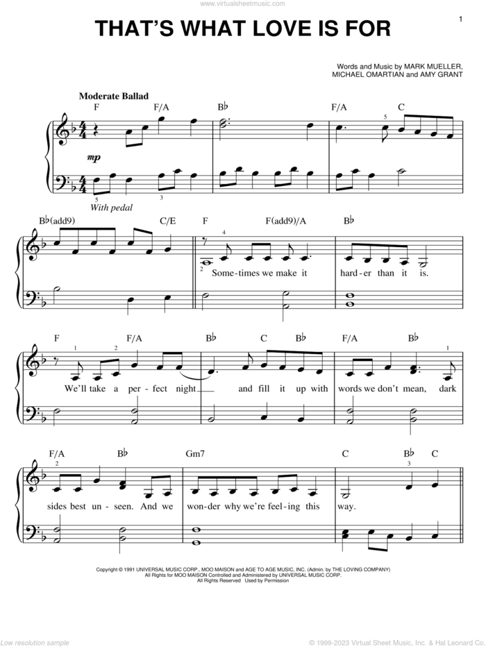 That's What Love Is For sheet music for piano solo by Amy Grant, Mark Mueller and Michael Omartian, easy skill level
