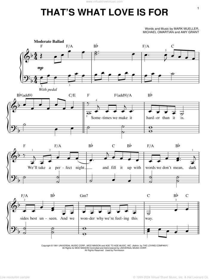 That's What Love Is For sheet music for piano solo by Amy Grant, Mark Mueller and Michael Omartian, easy skill level