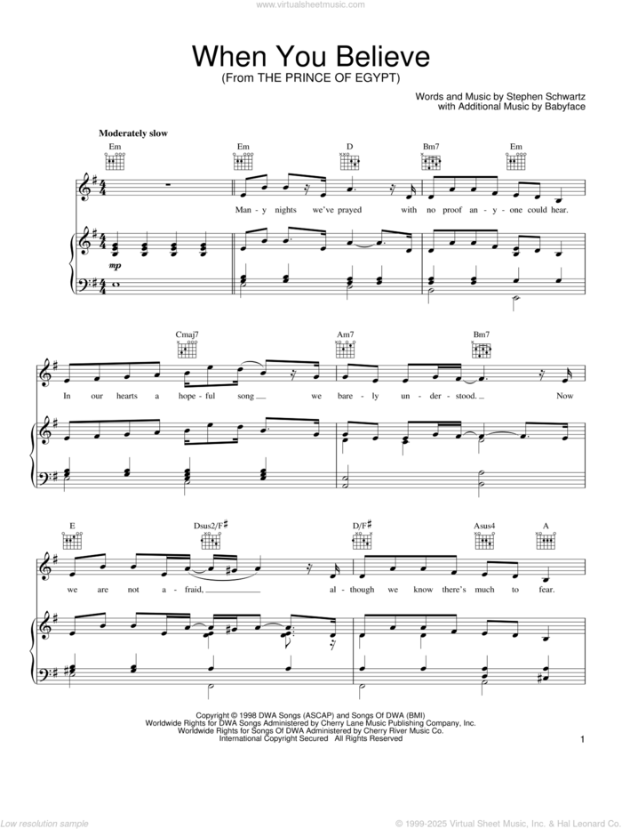 When You Believe (From The Prince Of Egypt) sheet music for voice, piano or guitar by Whitney Houston and Mariah Carey, Mariah Carey, Whitney Houston, Babyface and Stephen Schwartz, intermediate skill level