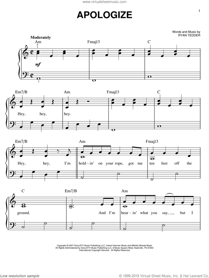 Apologize, (easy) sheet music for piano solo by Timbaland featuring OneRepublic, OneRepublic, Timbaland and Ryan Tedder, easy skill level