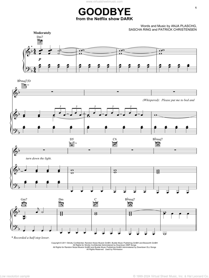 Goodbye (feat. Soap&Skin) (from the Netflix show Dark) sheet music for voice, piano or guitar by Apparat, Anja Plaschg, Patrick Christensen and Sascha Ring, intermediate skill level