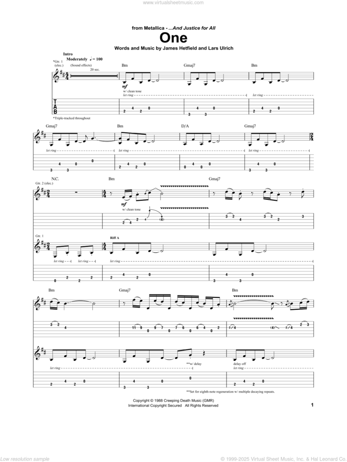 One sheet music for guitar (tablature) by Metallica, Joe Charupakorn, James Hetfield and Lars Ulrich, intermediate skill level