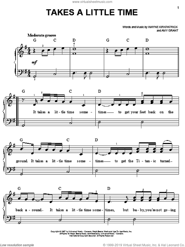 Takes A Little Time sheet music for piano solo by Amy Grant and Wayne Kirkpatrick, easy skill level