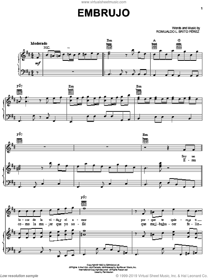 Embrujo sheet music for voice, piano or guitar by Romualdo L. Brito Perez, intermediate skill level