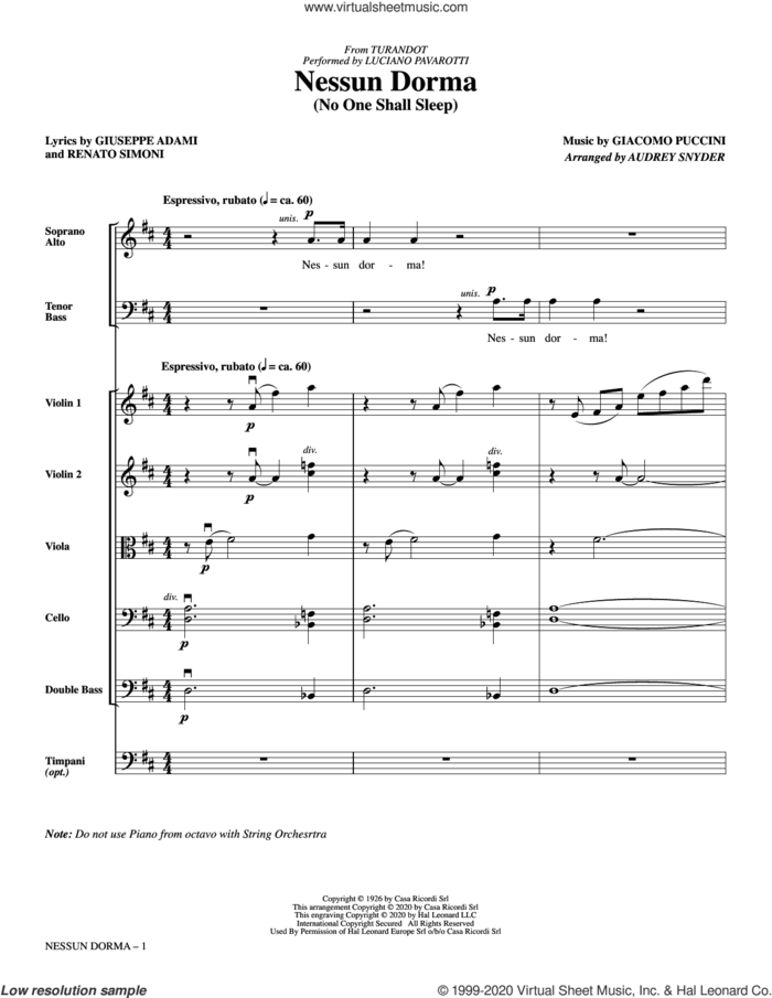 Nessun Dorma (No One Shall Sleep) (from Turandot) (arr. Audrey Snyder) (COMPLETE) sheet music for orchestra/band (Strings) by Audrey Snyder, Giacomo Puccini, Giuseppe Adami, Luciano Pavarotti and Renato Simoni, classical score, intermediate skill level