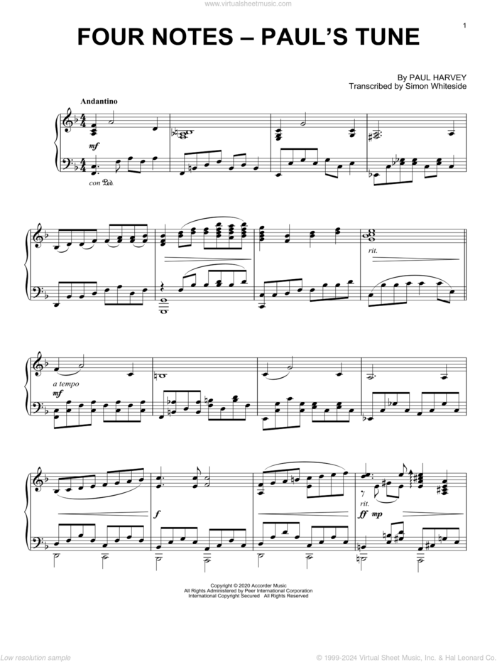 Four Notes - Paul's Tune sheet music for piano solo by Paul Harvey, classical score, intermediate skill level