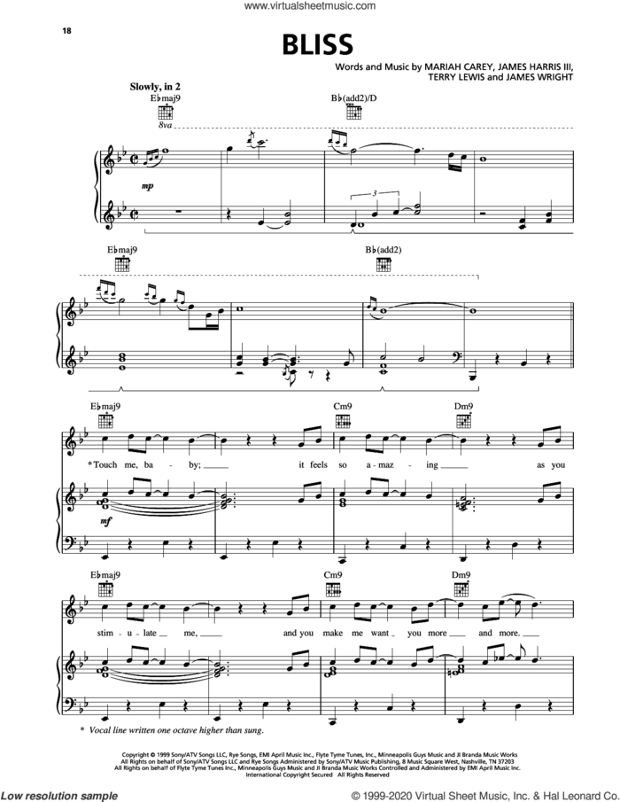 Bliss sheet music for voice, piano or guitar by Mariah Carey, James Harris, James Wright and Terry Lewis, intermediate skill level