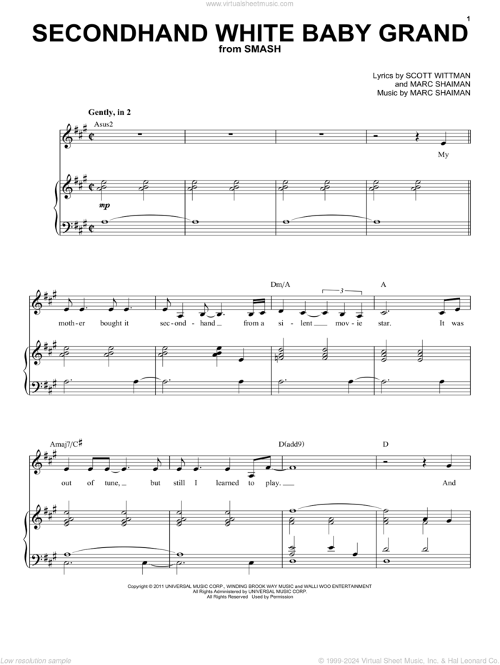 Secondhand White Baby Grand (from Smash) sheet music for voice and piano by Megan Hilty, Marc Shaiman and Scott Wittman, intermediate skill level