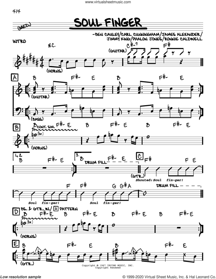 Soul Finger sheet music for voice and other instruments (real book) by The Bar-Kays, Ben Cauley, Carl Cunningham, James Alexander, Jimmy King, Phalon Jones and Ronnie Caldwell, intermediate skill level