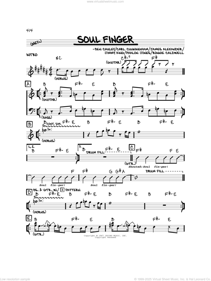 Soul Finger sheet music for voice and other instruments (real book) by The Bar-Kays, Ben Cauley, Carl Cunningham, James Alexander, Jimmy King, Phalon Jones and Ronnie Caldwell, intermediate skill level