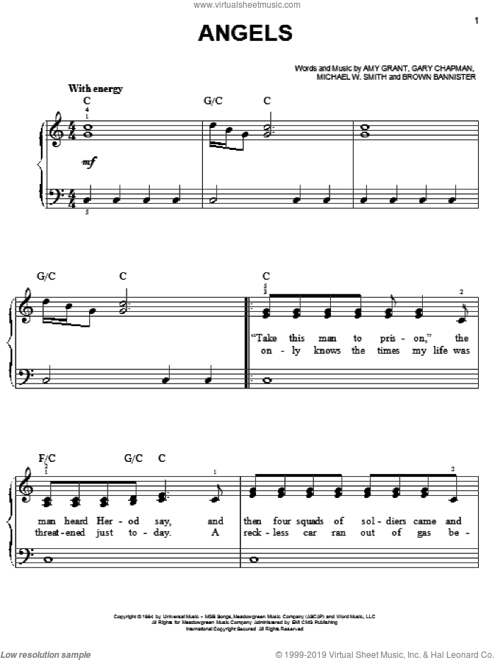 Angels sheet music for piano solo by Amy Grant, Brown Bannister, Gary Chapman and Michael W. Smith, easy skill level