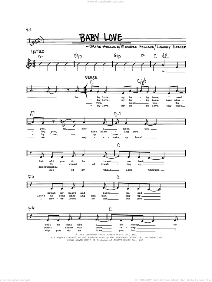 Baby Love sheet music for voice and other instruments (real book) by The Supremes, Brian Holland, Edward Holland Jr. and Lamont Dozier, intermediate skill level