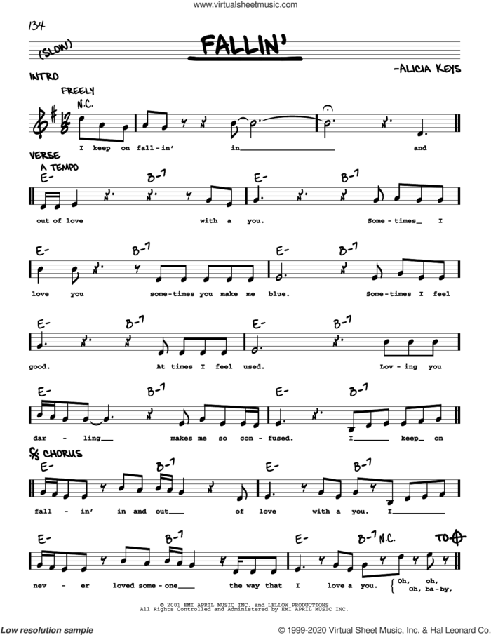 Fallin' sheet music for voice and other instruments (real book) by Alicia Keys, intermediate skill level