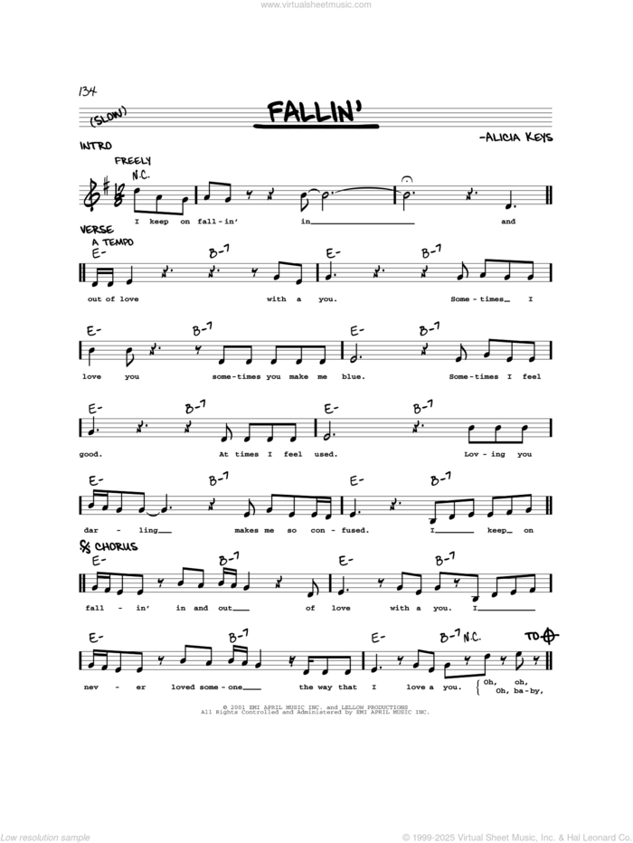 Fallin' sheet music for voice and other instruments (real book) by Alicia Keys, intermediate skill level