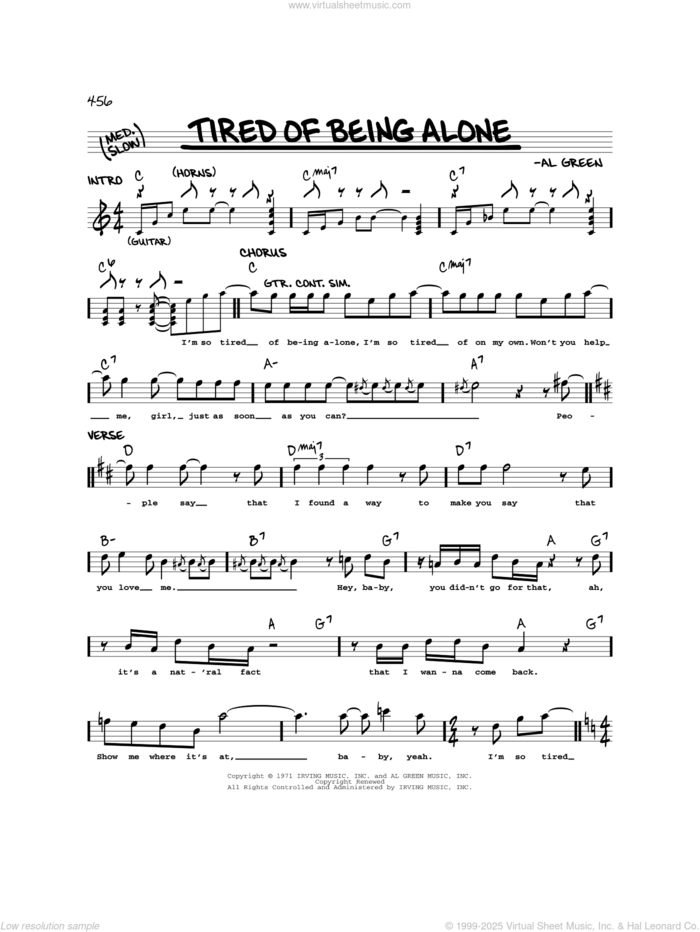 Tired Of Being Alone sheet music for voice and other instruments (real book) by Al Green, intermediate skill level