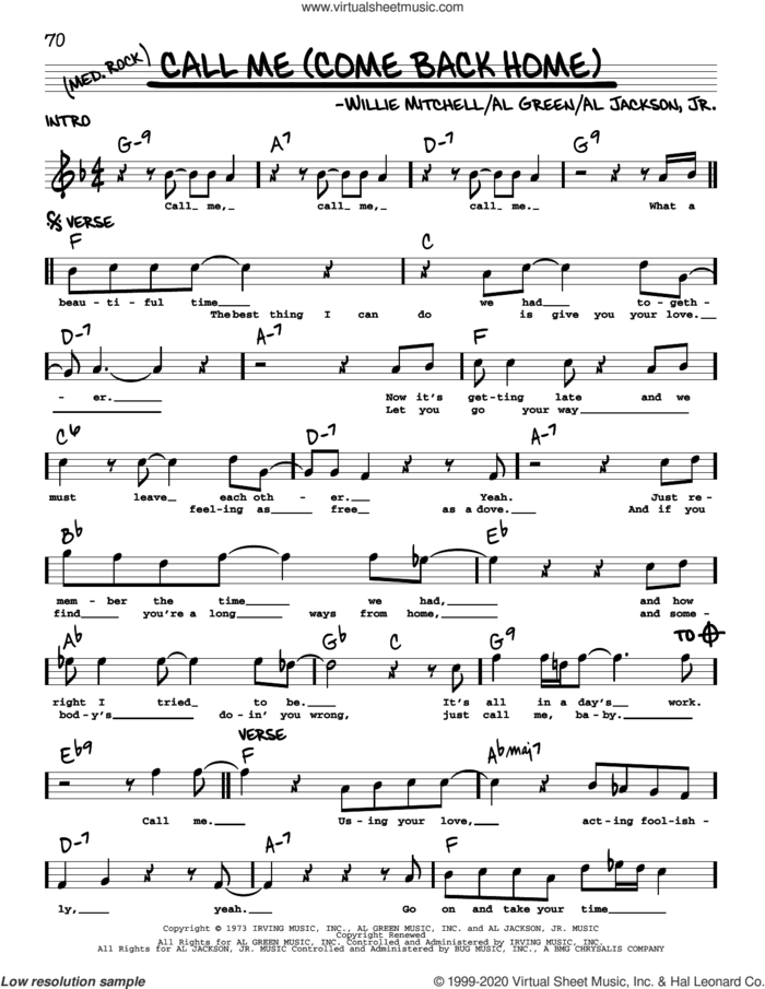 Call Me (Come Back Home) sheet music for voice and other instruments (real book) by Al Green, Al Jackson, Jr. and Willie Mitchell, intermediate skill level