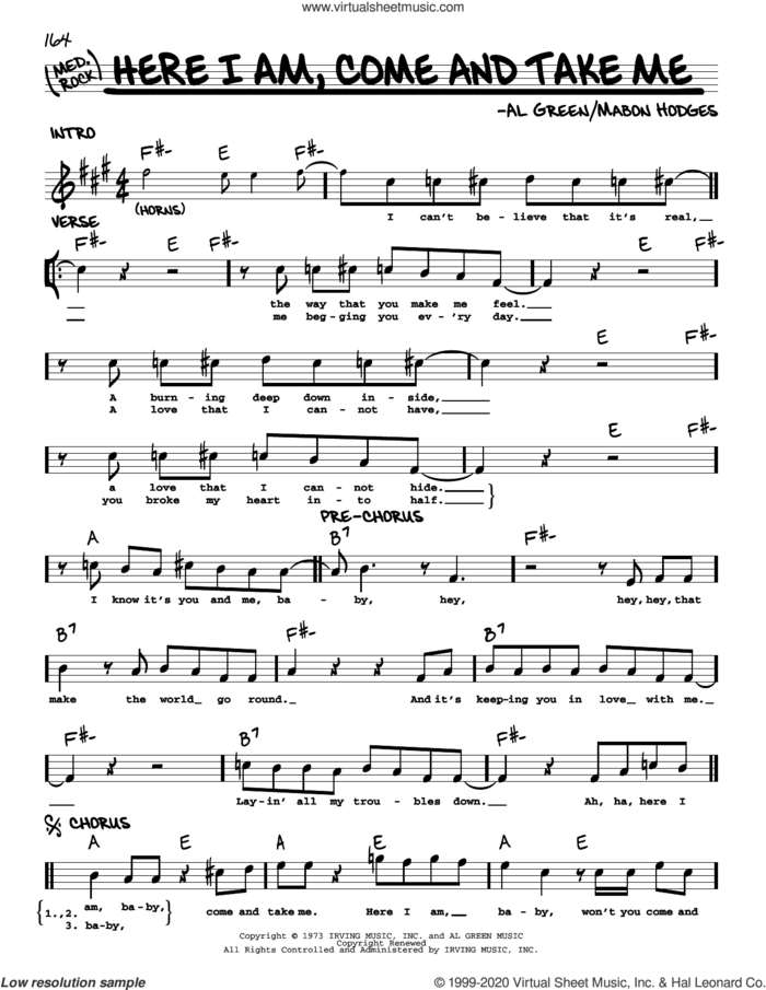 Here I Am, Come And Take Me sheet music for voice and other instruments (real book) by Al Green and Mabon Hodges, intermediate skill level