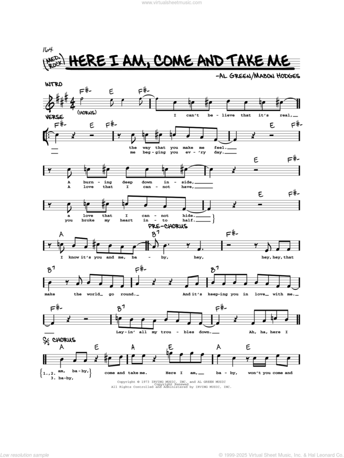 Here I Am, Come And Take Me sheet music for voice and other instruments (real book) by Al Green and Mabon Hodges, intermediate skill level