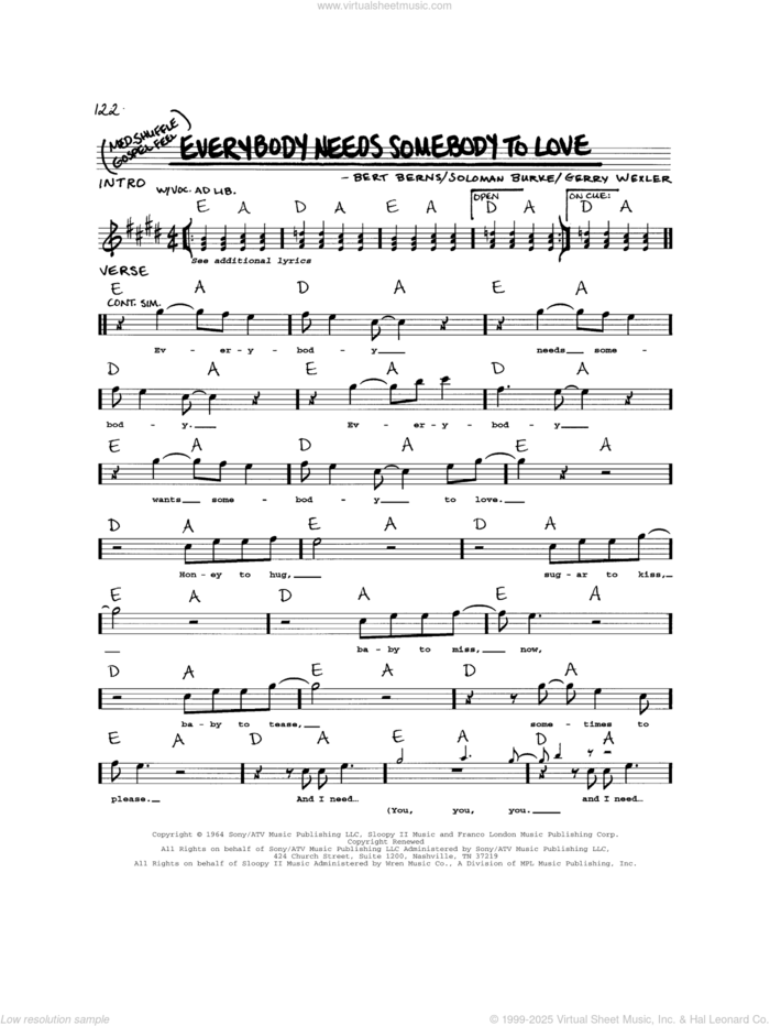 Everybody Needs Somebody To Love sheet music for voice and other instruments (real book) by The Blues Brothers, Wilson Pickett, Bert Berns, Gerry Wexler and Soloman Burke, intermediate skill level