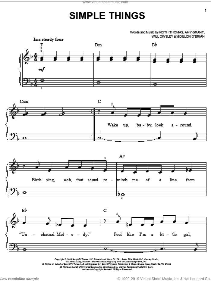 Simple Things sheet music for piano solo by Amy Grant, Keith Thomas and William Owsley, easy skill level