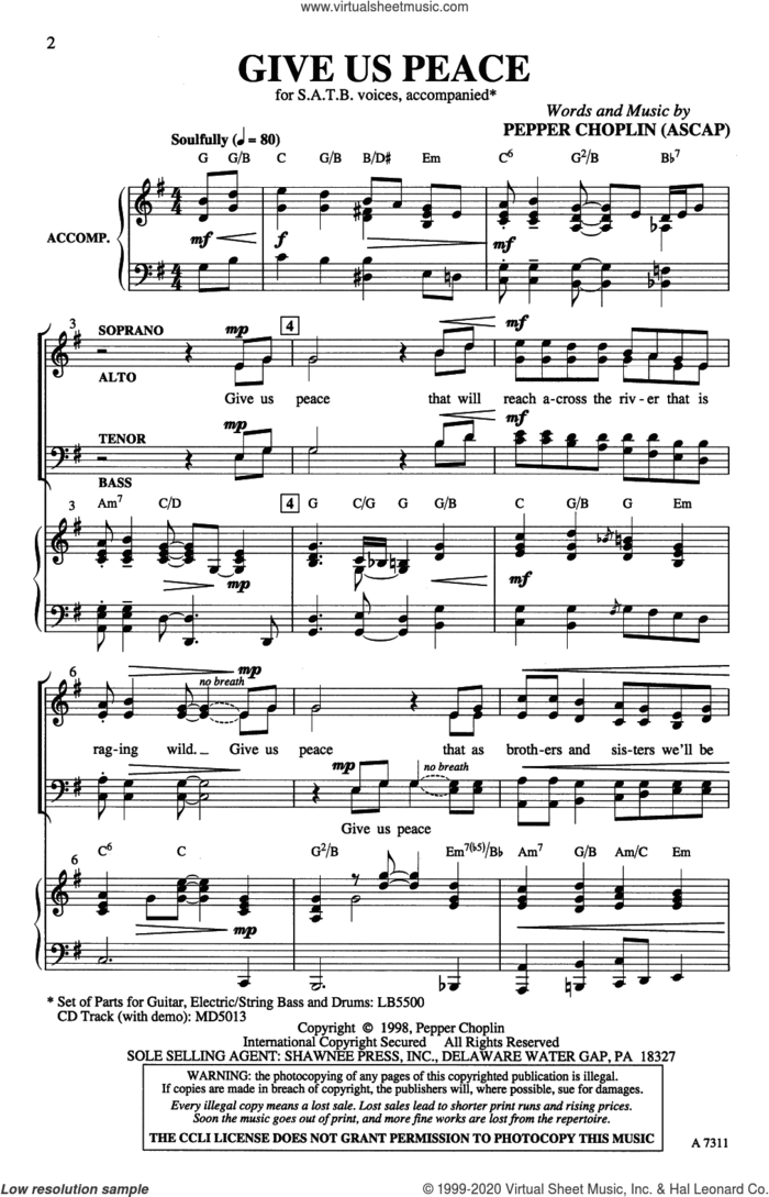 Give Us Peace sheet music for choir (SATB: soprano, alto, tenor, bass) by Pepper Choplin, intermediate skill level