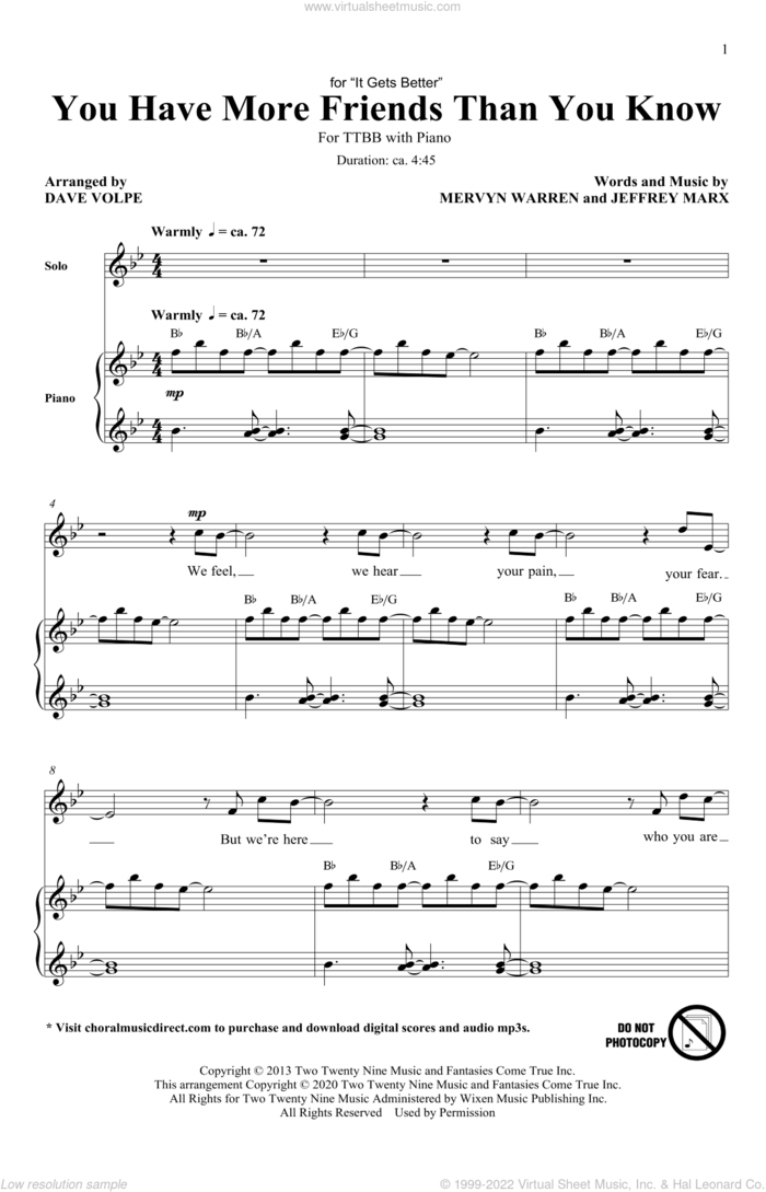 You Have More Friends Than You Know (arr. Dave Volpe) sheet music for choir (TTBB: tenor, bass) by Mervyn Warren, Dave Volpe and Jeff Marx and Mervyn Warren and Jeff Marx, intermediate skill level