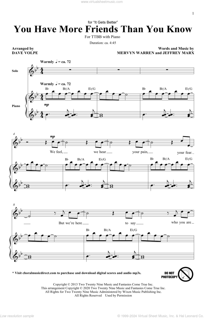 You Have More Friends Than You Know (arr. Dave Volpe) sheet music for choir (TTBB: tenor, bass) by Mervyn Warren, Dave Volpe and Jeff Marx and Mervyn Warren and Jeff Marx, intermediate skill level