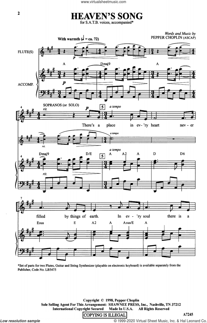 Heaven's Song sheet music for choir (SATB: soprano, alto, tenor, bass) by Pepper Choplin, intermediate skill level