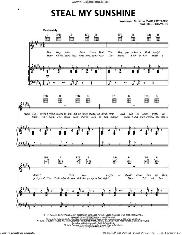 Steal My Sunshine sheet music for voice, piano or guitar by Len, Gregg Diamond and Marc Costanzo, intermediate skill level