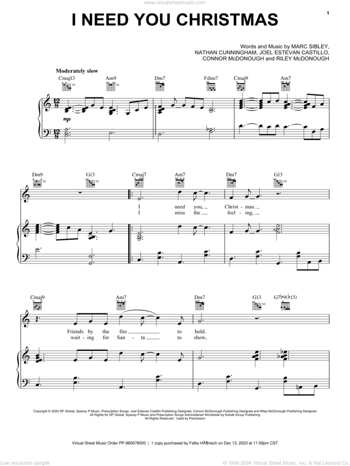 I Need You Christmas sheet music for voice, piano or guitar by Jonas Brothers, Connor McDonough, Joel Estevan Castillo, Marc Sibley, Nathan Cunningham and Riley McDonough, intermediate skill level