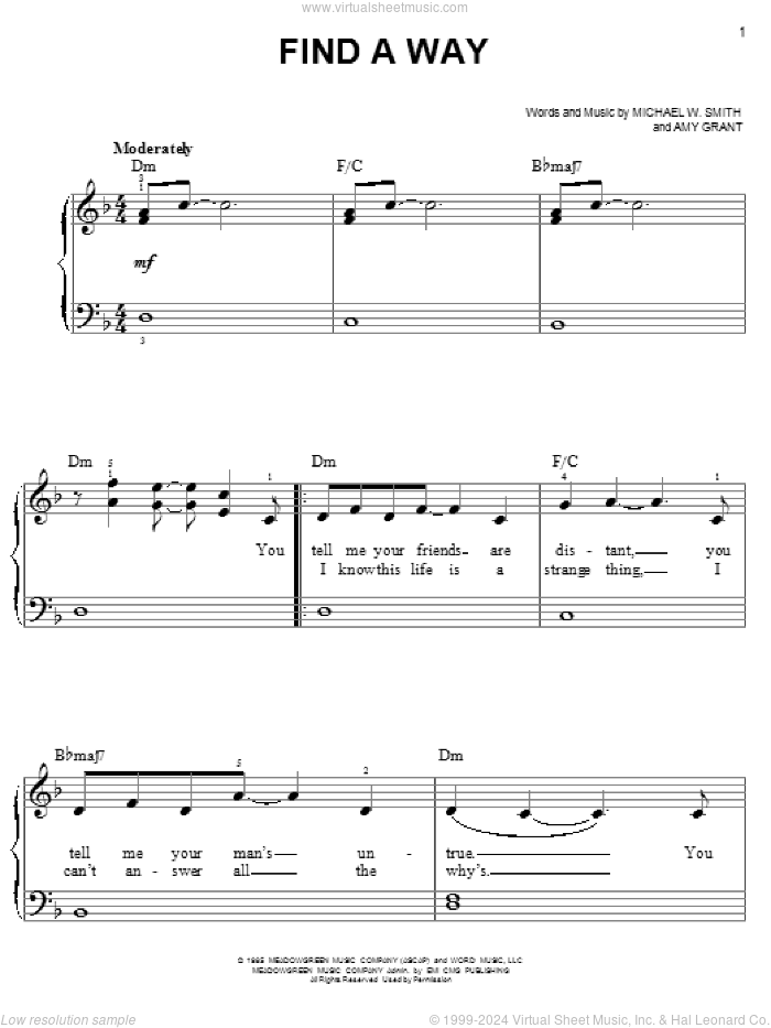 Find A Way sheet music for piano solo by Amy Grant and Michael W. Smith, easy skill level