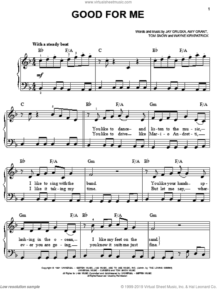 Good For Me sheet music for piano solo by Amy Grant, Jay Gruska, Tom Snow and Wayne Kirkpatrick, easy skill level