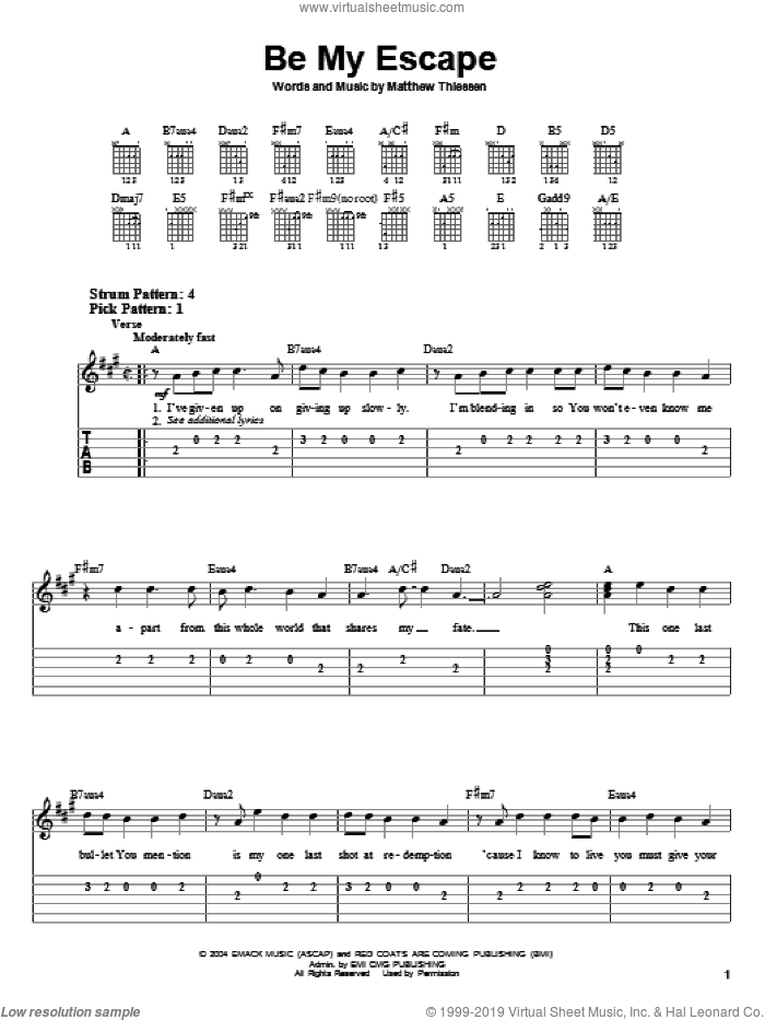 Be My Escape sheet music for guitar solo (easy tablature) by Relient K and Matthew Thiessen, easy guitar (easy tablature)