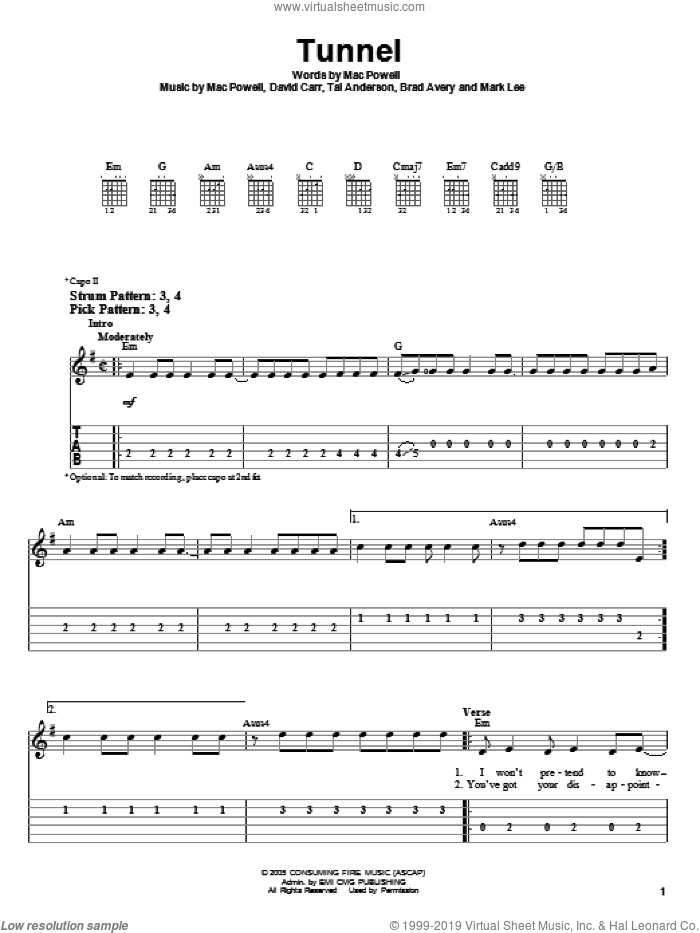 Tunnel sheet music for guitar solo (easy tablature) by Third Day, Brad Avery, David Carr, Mac Powell, Mark Lee and Tai Anderson, easy guitar (easy tablature)