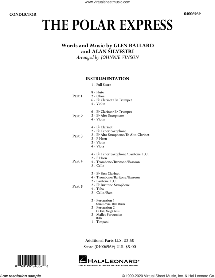 The Polar Express (arr. Johnnie Vinson) (COMPLETE) sheet music for concert band by Glen Ballard and Alan Silvestri, Alan Silvestri, Glen Ballard, Johnnie Vinson and Tom Hanks, intermediate skill level