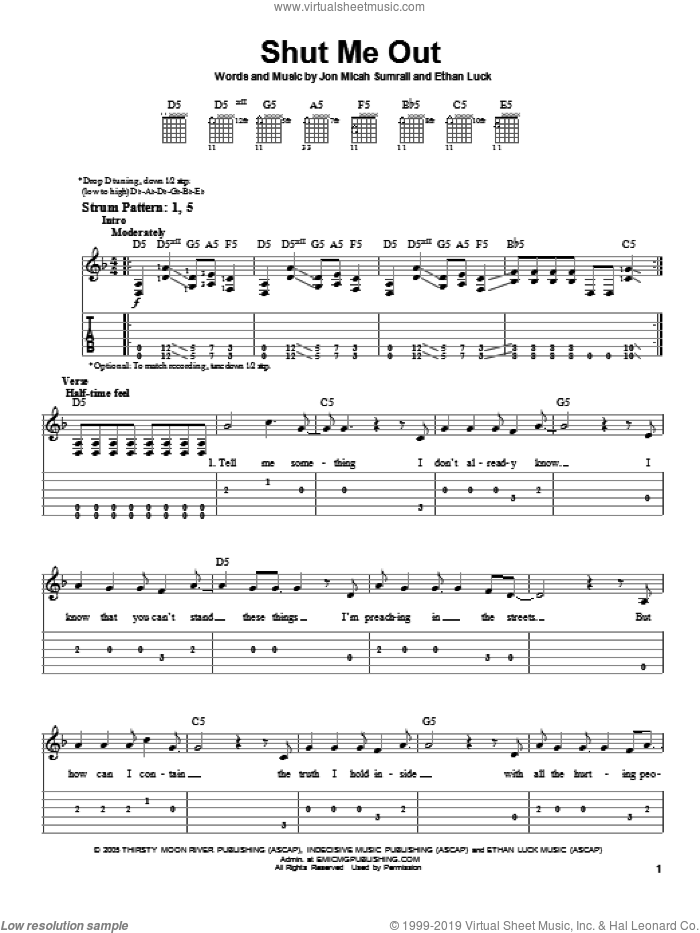 Shut Me Out sheet music for guitar solo (easy tablature) by Kutless, Ethan Luck and Jon Micah Sumrall, easy guitar (easy tablature)