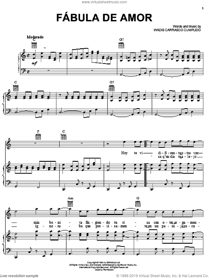 Fabula De Amor sheet music for voice, piano or guitar by Wadis Carrasco Cumplido, intermediate skill level