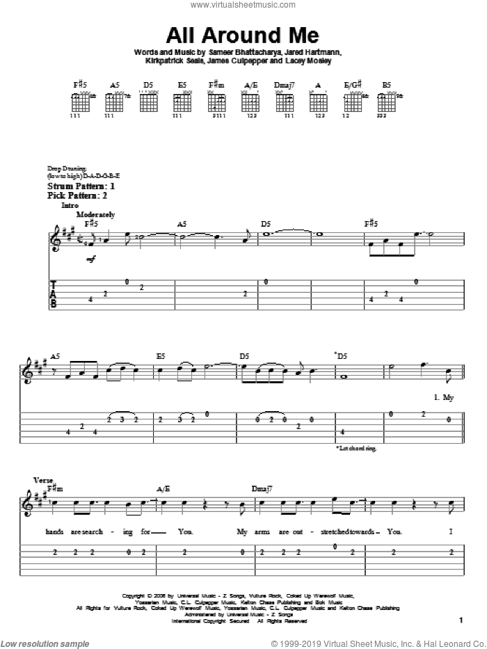 All Around Me sheet music for guitar solo (easy tablature) by Flyleaf, James Culpepper, Jared Hartmann, Kirkpatrick Seals, Lacey Mosley and Sameer Bhattacharya, easy guitar (easy tablature)