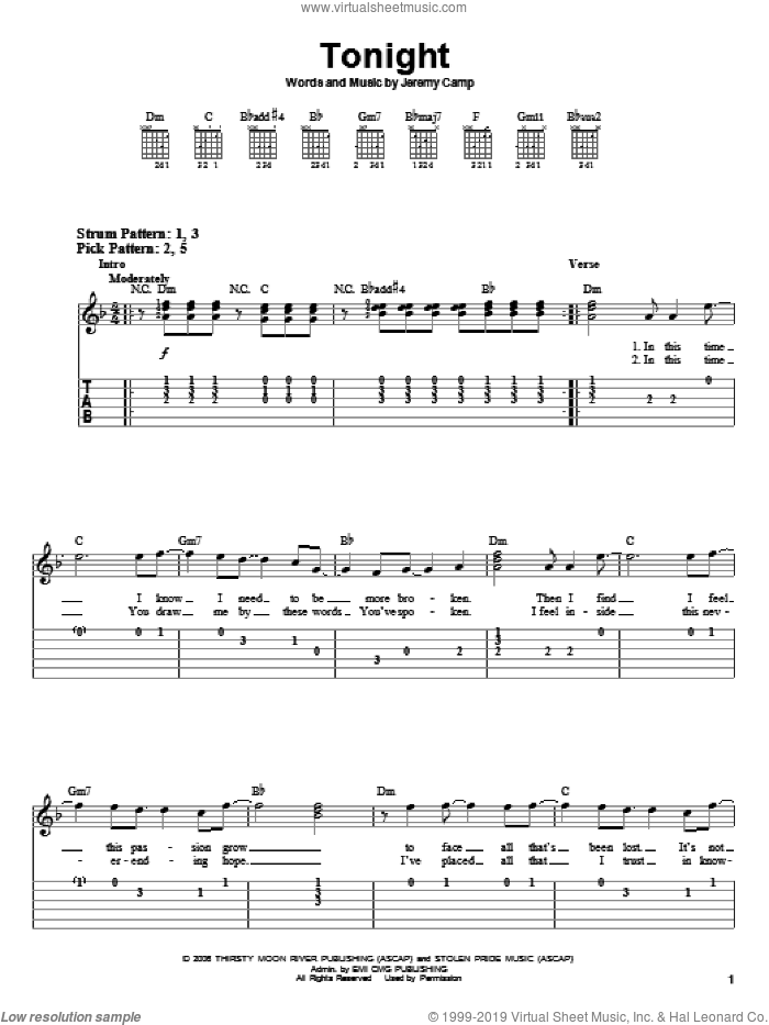 Tonight sheet music for guitar solo (easy tablature) by Jeremy Camp, easy guitar (easy tablature)