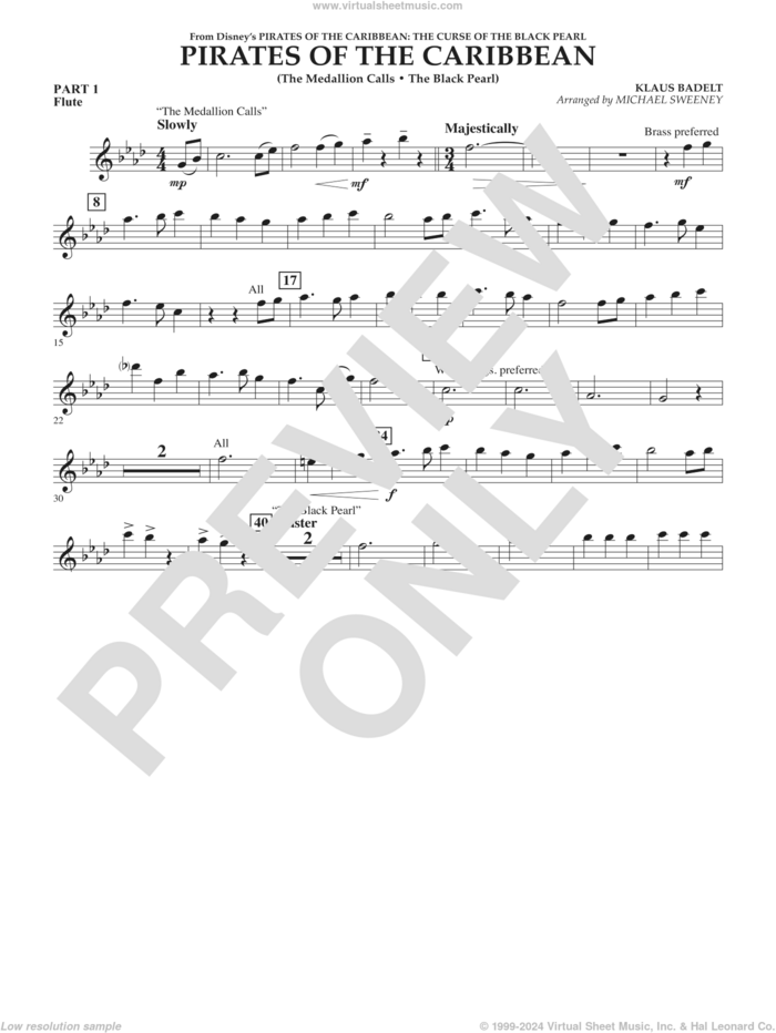 Pirates of the Caribbean (from The Curse of the Black Pearl) sheet music for concert band (pt.1 - flute) by Klaus Badelt and Michael Sweeney, intermediate skill level