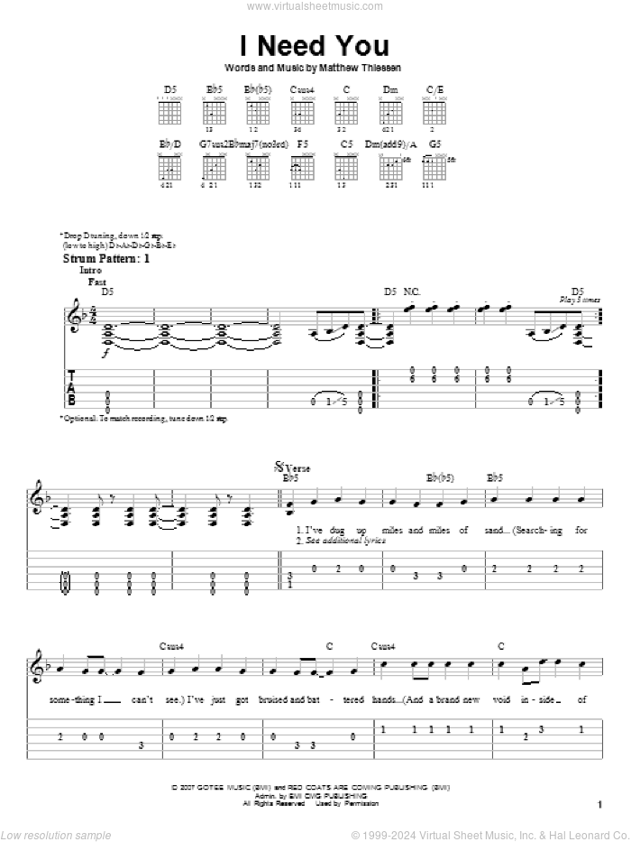 I Need You sheet music for guitar solo (easy tablature) by Relient K and Matthew Thiessen, easy guitar (easy tablature)