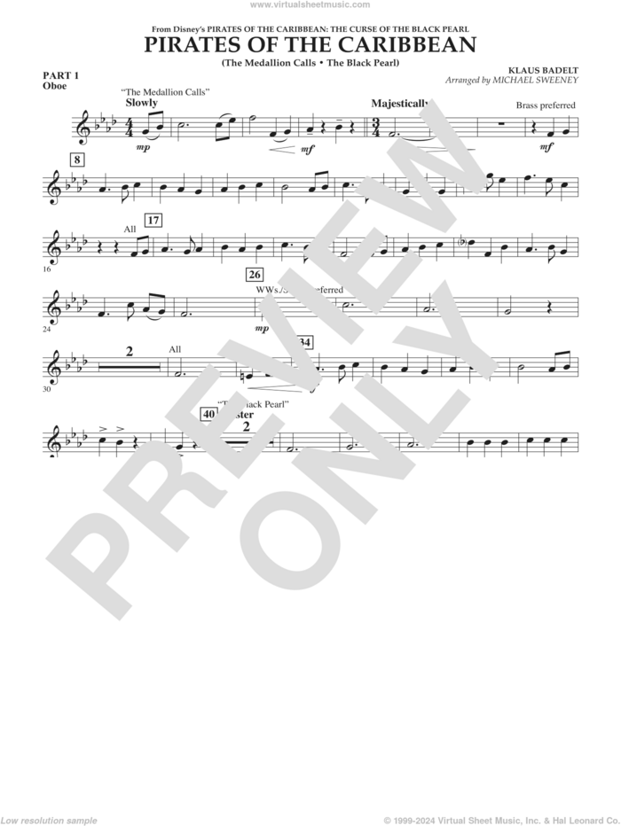 Pirates of the Caribbean (from The Curse of the Black Pearl) sheet music for concert band (pt.1 - oboe) by Klaus Badelt and Michael Sweeney, intermediate skill level