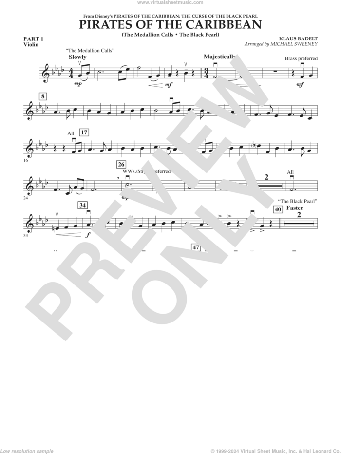 Pirates of the Caribbean (from The Curse of the Black Pearl) sheet music for concert band (pt.1 - violin) by Klaus Badelt and Michael Sweeney, intermediate skill level