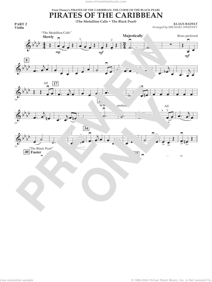 Pirates of the Caribbean (from The Curse of the Black Pearl) sheet music for concert band (pt.2 - violin) by Klaus Badelt and Michael Sweeney, intermediate skill level