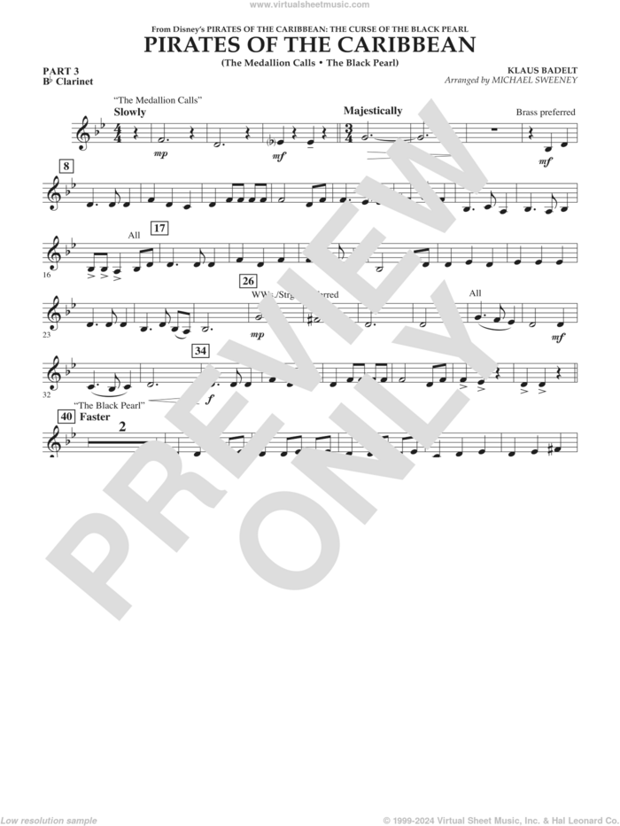 Pirates of the Caribbean (from The Curse of the Black Pearl) sheet music for concert band (pt.3 - Bb clarinet) by Klaus Badelt and Michael Sweeney, intermediate skill level