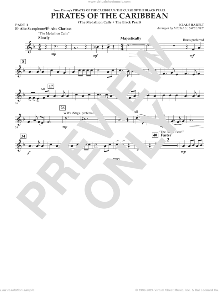 Pirates of the Caribbean (from The Curse of the Black Pearl) sheet music for concert band (Eb alto sax/alto clar.) by Klaus Badelt and Michael Sweeney, intermediate skill level