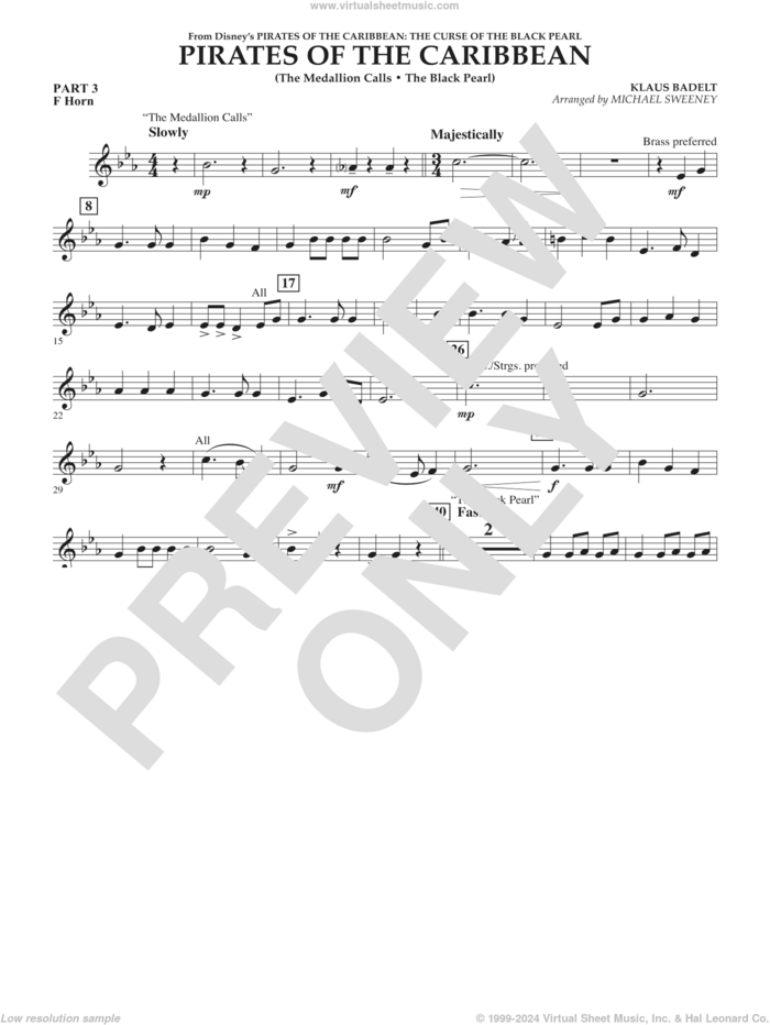 Pirates of the Caribbean (from The Curse of the Black Pearl) sheet music for concert band (pt.3 - f horn) by Klaus Badelt and Michael Sweeney, intermediate skill level