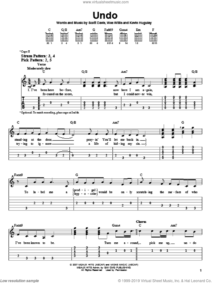 Undo sheet music for guitar solo (easy tablature) by Rush Of Fools, Kevin Huguley, Scott Davis and Wes Willis, easy guitar (easy tablature)